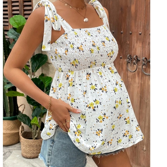 Maternity Floral Print Eyelet Smocked Tank Top - Picture 3 of 5